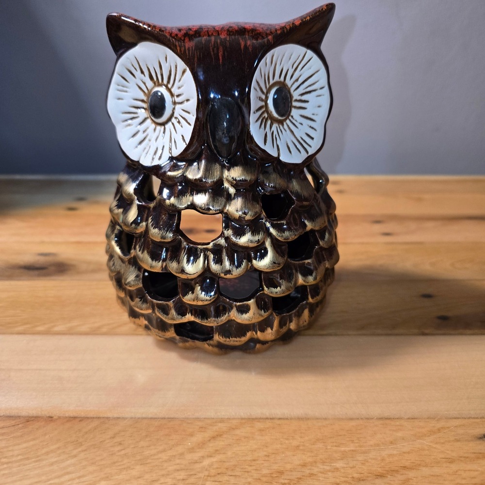 Hobby Lobby Brown Ceramic Owl Candle Holder Gold Accents Fall Decor HL9182185